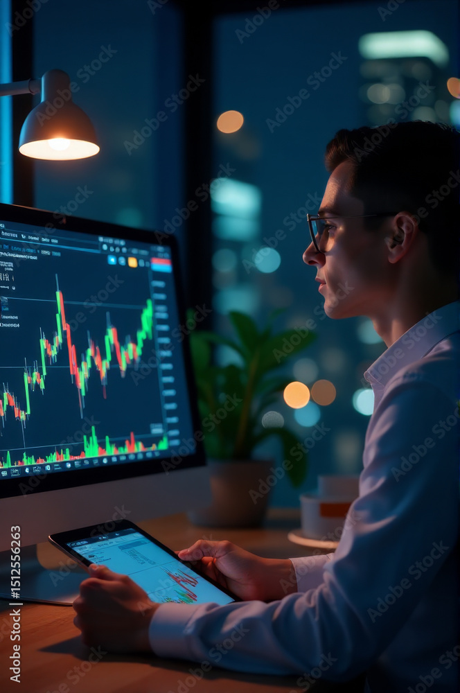 Poster A person sits in front of a computer screen with a serious expression, possibly working or studying