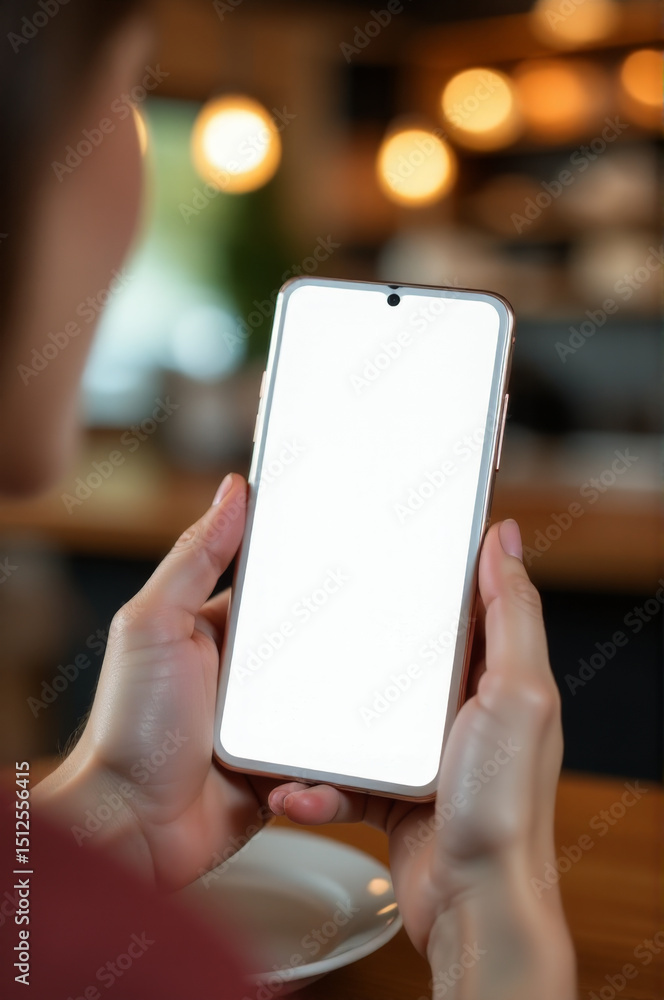 Poster a person holds a cell phone with a blank white screen, suitable for use in illustrations about moder