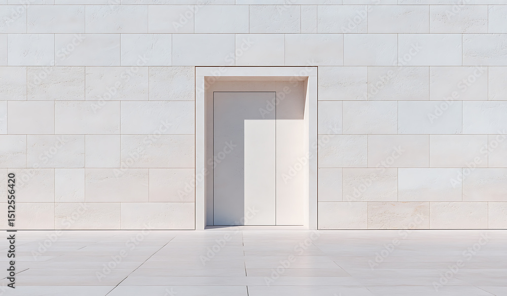 Poster minimalist architecture featuring a recessed doorway in a textured stone wall. the clean lines and b
