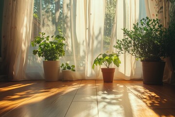Fototapeta premium Bright indoor garden with potted plants and warm light streaming through curtains in a cozy space during the morning hours