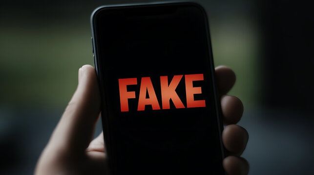 Smartphone screen displays the word "FAKE" in bold red letters against a black background. The image highlights themes of misinformation and digital deception.