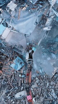 Dangerous destroyed building after earthquake. Destructive broken house catastrophe. Vertical video