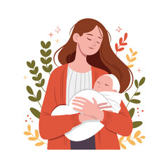 Woman holding her cute baby in arms. Pregnancy and breastfeeding concept. Mom and child in warm clothes. Mother's day, vector illustration with flower botanical leaf ornament in cartoon style.