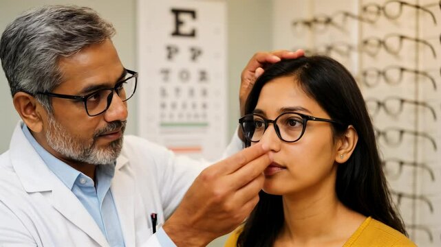 A close-up video captures an optometrist adjusting glasses on a patient. The setting is a bright clinic with eye charts and glasses in the background.
