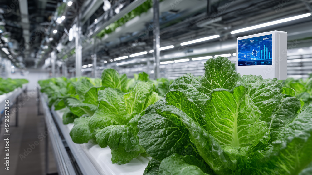 Poster an automated vertical farm using led lighting and hydroponics to grow leafy greens, monitored by ai-