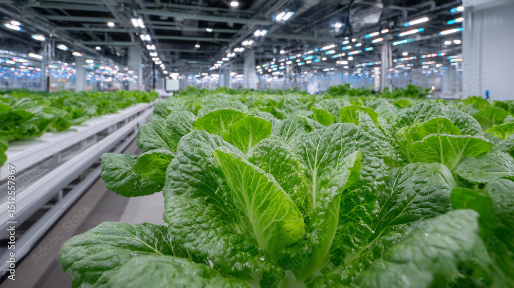 Poster an automated vertical farm using led lighting and hydroponics to grow leafy greens, monitored by ai-