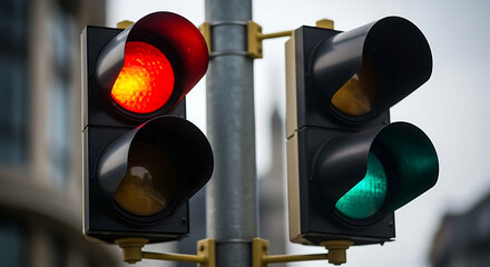 Traffic lights display red and green signals in a busy urban intersection