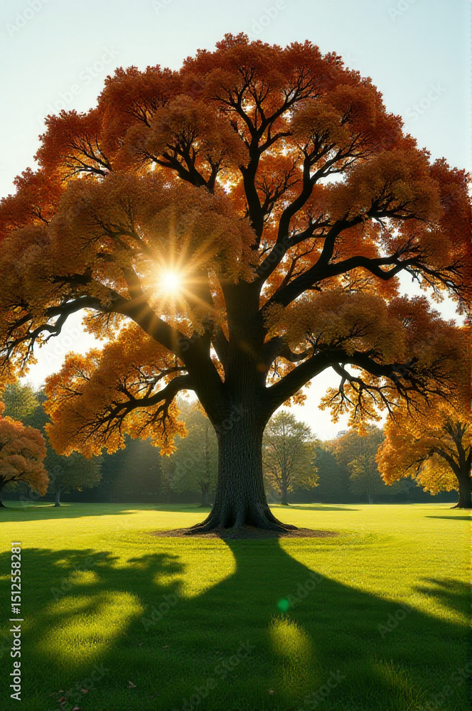 Aufkleber a bright sunbeam shines through the branches of a large tree, illuminating the surrounding area