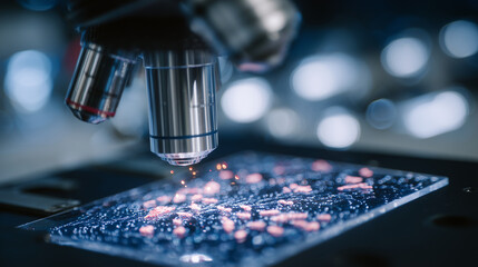Microscopic close-up of nanotechnology-based drug delivery systems being analyzed in a bioscience research lab