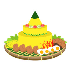 Three-layered yellow rice cone with vegetables, egg, and garnish