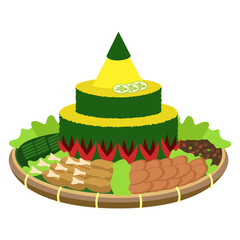 Yellow cone rice with assorted Indonesian side dishes in flat illustration