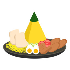 Tiered yellow rice tumpeng with full set of Indonesian side dishes