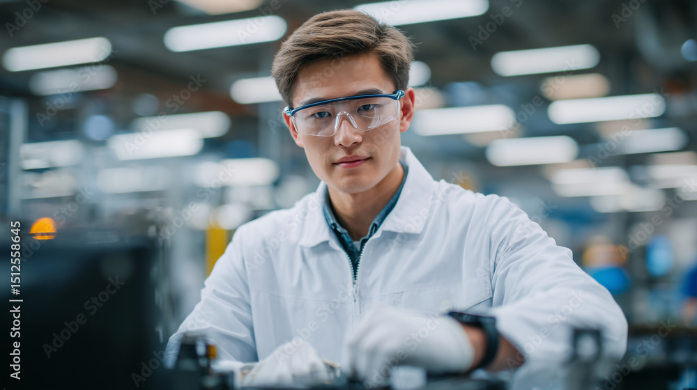 Poster inside a wearable tech factory, engineers test smartwatches under various humidity and temperature c