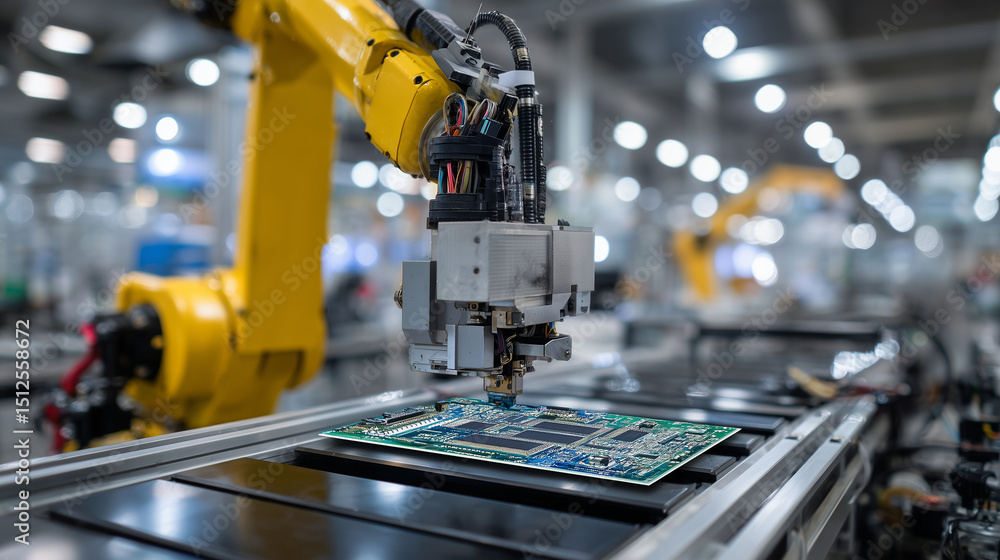 Poster a robotic arm places sensors into a flexible oled display panel on a glossy conveyor system