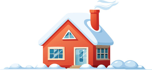 Snow-Covered House with Smoke from Chimney – Winter Holiday Vector Scene