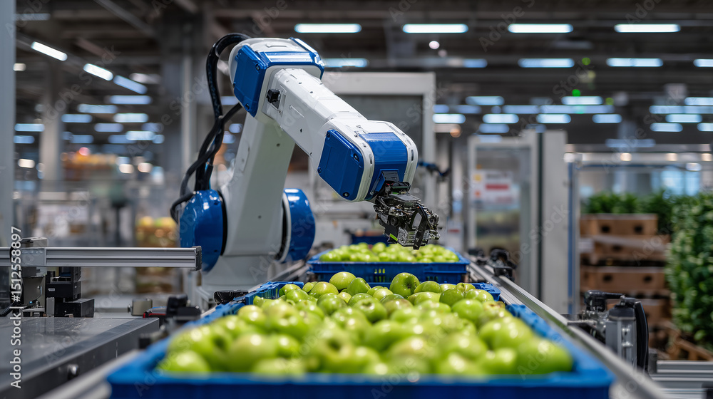 Poster robotic arms sorting harvested fruits using color and texture ai inside a smart orchard packaging pl