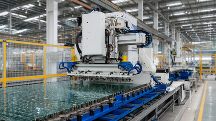 High-rise curtain wall factory where robotic sealants are applied to massive glass panels in controlled environments