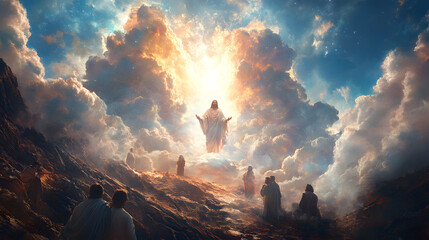 Jesus transfigured on the mountain, radiant light shining from His figure, Moses and Elijah appearing beside Him, disciples in awe, dramatic clouds and bright spiritual highlights