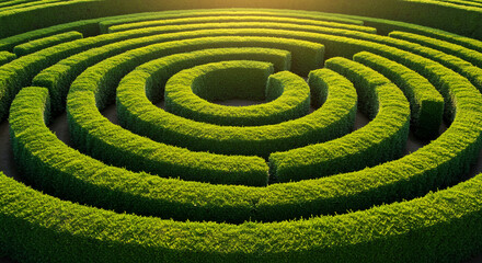 Naklejka premium Intricate green hedge maze, a complex and challenging puzzle garden. 