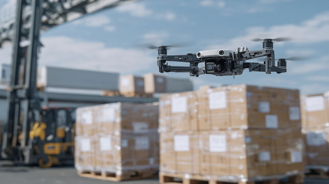 A pharmaceutical cold-chain warehouse with insulated crates and sensor-equipped drones loading for delivery