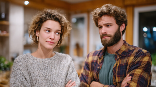 A couple argues quietly in a kitchen, tension balanced with underlying care