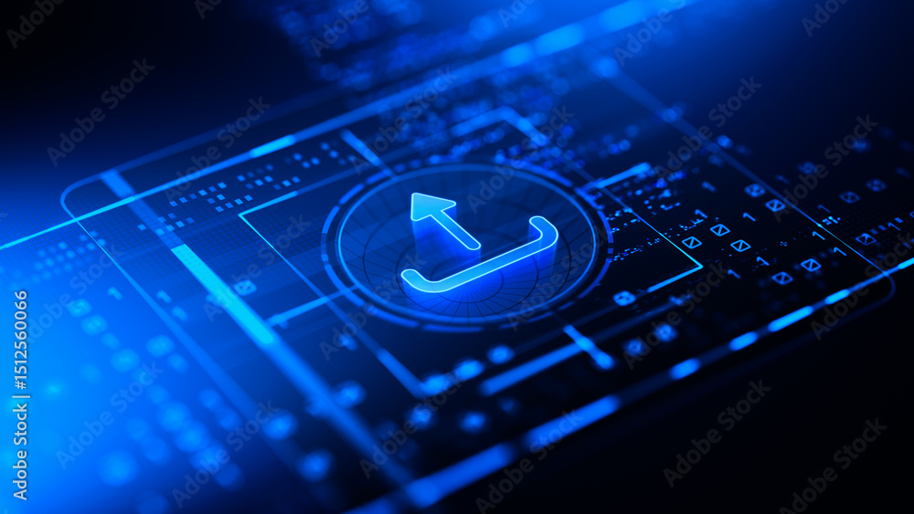 Poster upload icon on digital screen - technology and data transfer concept