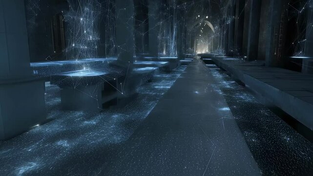 Luminescent flagstones and paths are controlled by a robotic interface, with screens displaying real time progress and environmental data in a dimly lit corridor adorned with pillars