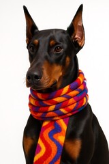 Doberman pinscher dog wearing colorful scarf posing on white background