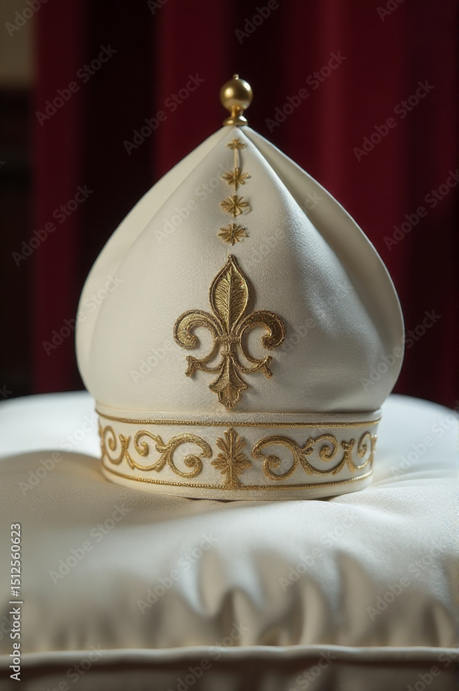 Poster a close-up view of a white hat resting on a pillow, perfect for use in editorial or commercial conte