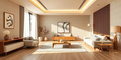 Beige minimalist Japandi living room  Flooring visible, neutral tones, simple furniture, living room, property