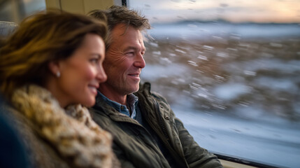 Two strangers strike up a conversation on a long-distance train as it speeds through snowy fields