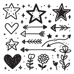 cute glitter pen line elements. Heart, arrow, star, sparkle decoration symbol set. Simple sketch line style emphasis, attention, effect hand drawn shapes. Vector illustration 