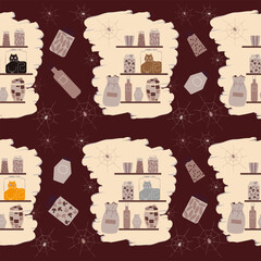 Seamless pattern. omical animal-themed vector illustration showing a curious black cat trapped inside a transparent jar on a pantry shelf. Perfect for animal lovers and humorous pet-related designs.
