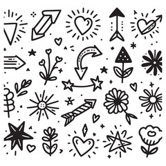 cute glitter pen line elements. Heart, arrow, star, sparkle decoration symbol set. Simple sketch line style emphasis, attention, effect hand drawn shapes. Vector illustration 