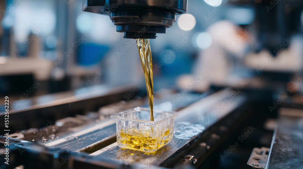 Poster close-up of biofuel being poured into a transparent engine prototype on a modern testing rig