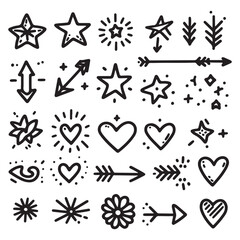 cute glitter pen line elements. Heart, arrow, star, sparkle decoration symbol set. Simple sketch line style emphasis, attention, effect hand drawn shapes. Vector illustration 