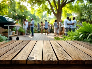 Social gathering in a lush garden setting with people enjoying food and drinks during a sunny afternoon