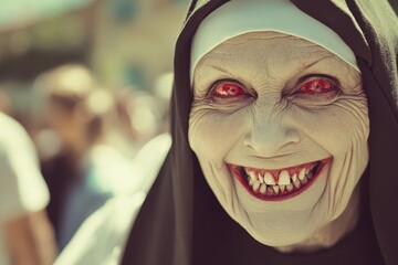 Scary nun with red eyes and an eerie smile showcases a chilling presence during a festive gathering in a vibrant town square at dusk