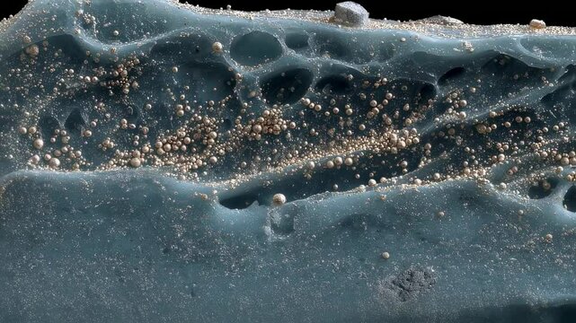 Microscopic view of lunar simulant dust clinging to the porous structure of a freshly cast aerogel panel, highlighting the potential of aerogel in space exploration