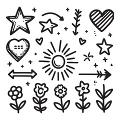 cute glitter pen line elements. Heart, arrow, star, sparkle decoration symbol set. Simple sketch line style emphasis, attention, effect hand drawn shapes. Vector illustration 