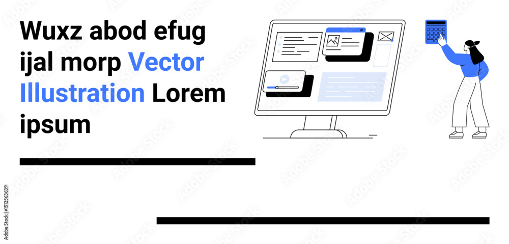 Poster computer screen with open interface, person holding a document, abstract background. ideal for uiux 