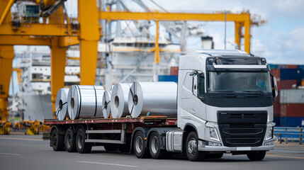 Steel coils loaded onto electric cargo trucks inside a solar-powered logistics hub, blending energy and transport
