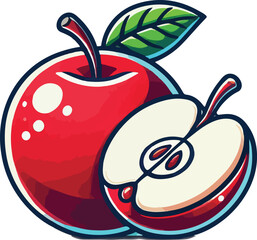 Vibrant cartoon illustration of a fresh red apple with a slice showing seeds and leaf