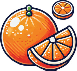 Freshly cut orange fruit watercolor illustration featuring a whole orange and orange slices