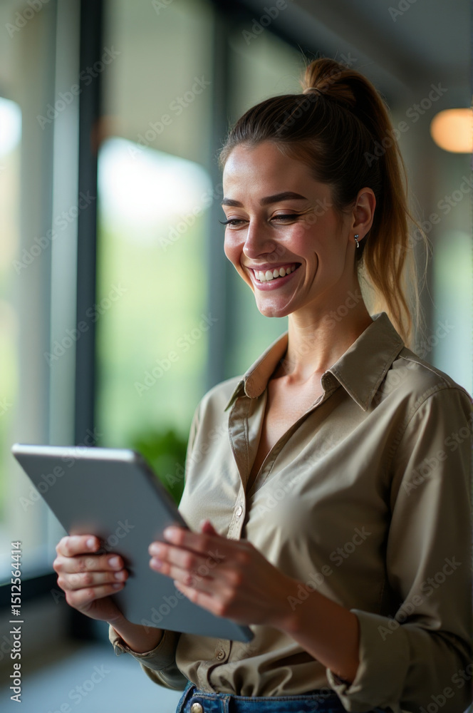 Poster a woman is smiling and holding a tablet computer