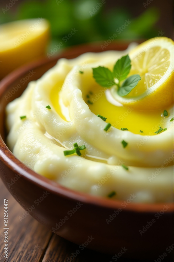 Poster a warm and comforting bowl of mashed potatoes topped with bright and citrusy lemon slices