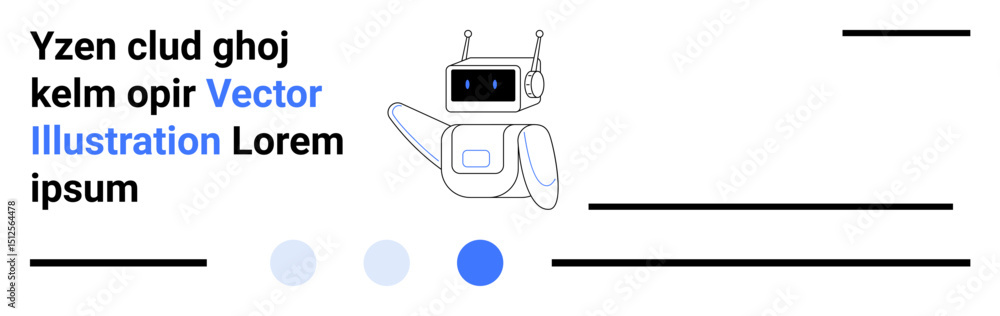 Poster robot with blue screen gesturing beside placeholder text, dynamic shapes, and minimal lines. ideal f
