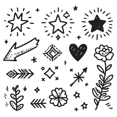 Naklejka premium cute glitter pen line elements. Heart, arrow, star, sparkle decoration symbol set. Simple sketch line style emphasis, attention, effect hand drawn shapes. Vector illustration 