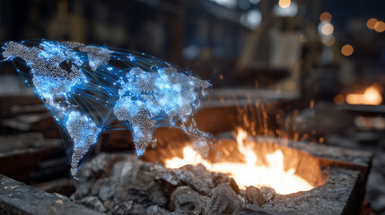 A blazing furnace with a holographic logistics map floating in front of it, plotting export routes