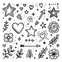 cute glitter pen line elements. Heart, arrow, star, sparkle decoration symbol set. Simple sketch line style emphasis, attention, effect hand drawn shapes. Vector illustration 